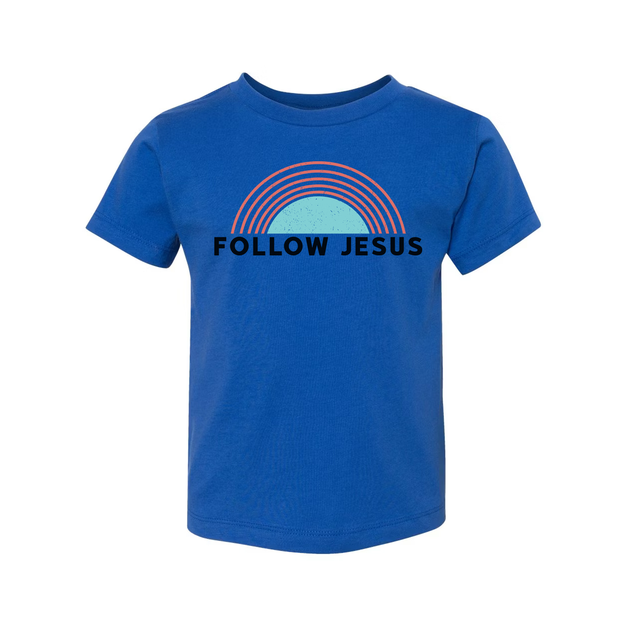 Christian Unisex T Shirt With Follow Jesus Graphic Featuring A Retro Rainbow Arch Design For Everyday Wear