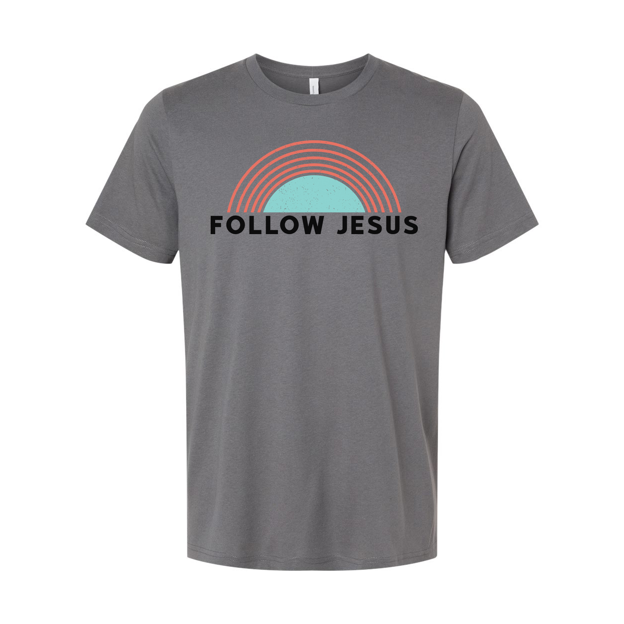 Christian Unisex T Shirt With Follow Jesus Graphic Featuring A Retro Rainbow Arch Design For Everyday Wear