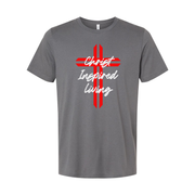 Christian Cross Graphic T Shirt Featuring Christ Inspired Living Script Overlay For Men And Women