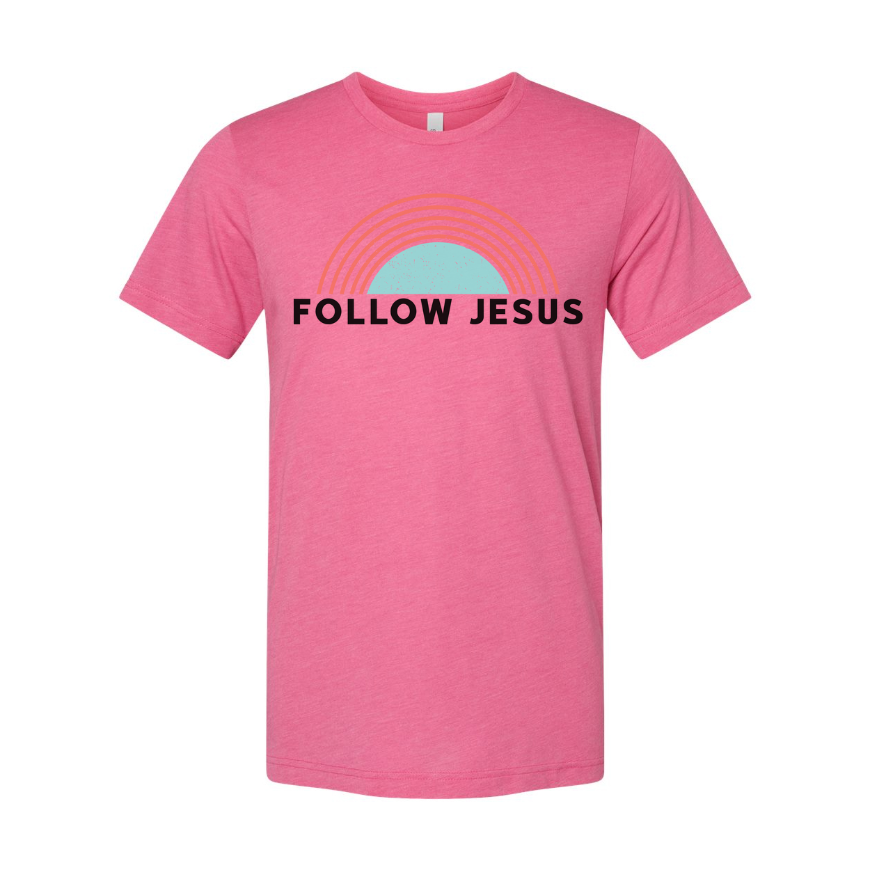 Christian Unisex T Shirt With Follow Jesus Graphic Featuring A Retro Rainbow Arch Design For Everyday Wear