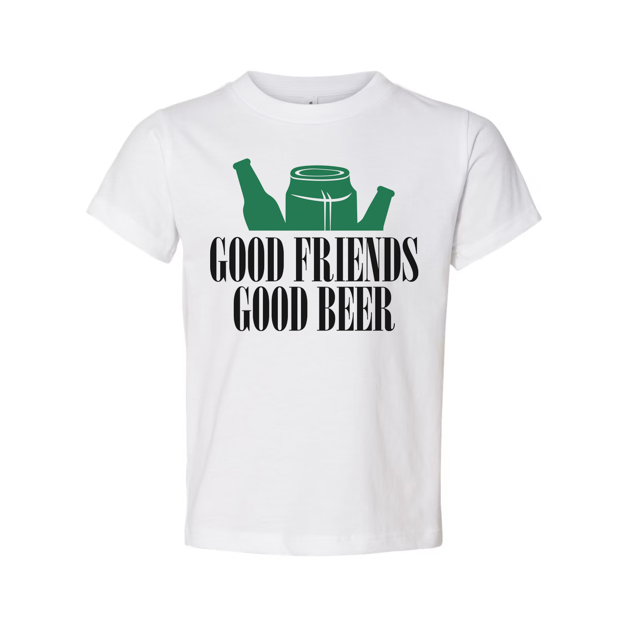 Unisex Graphic T Shirt With Beer Bottles And Can Design Featuring Good Friends Good Beer