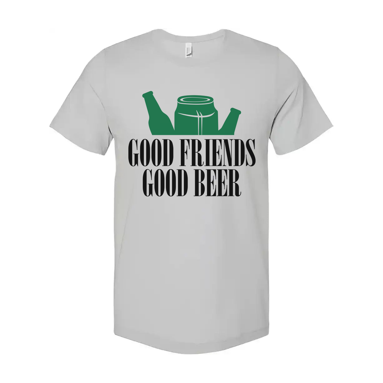 Unisex Graphic T Shirt With Beer Bottles And Can Design Featuring Good Friends Good Beer