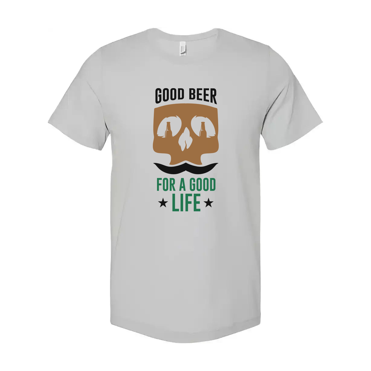 Unisex Beer Graphic T Shirt With Skull Bottle Eyes And Mustache And The Slogan Good Beer For A Good Life