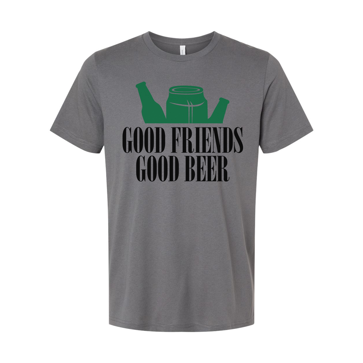 Unisex Graphic T Shirt With Beer Bottles And Can Design Featuring Good Friends Good Beer