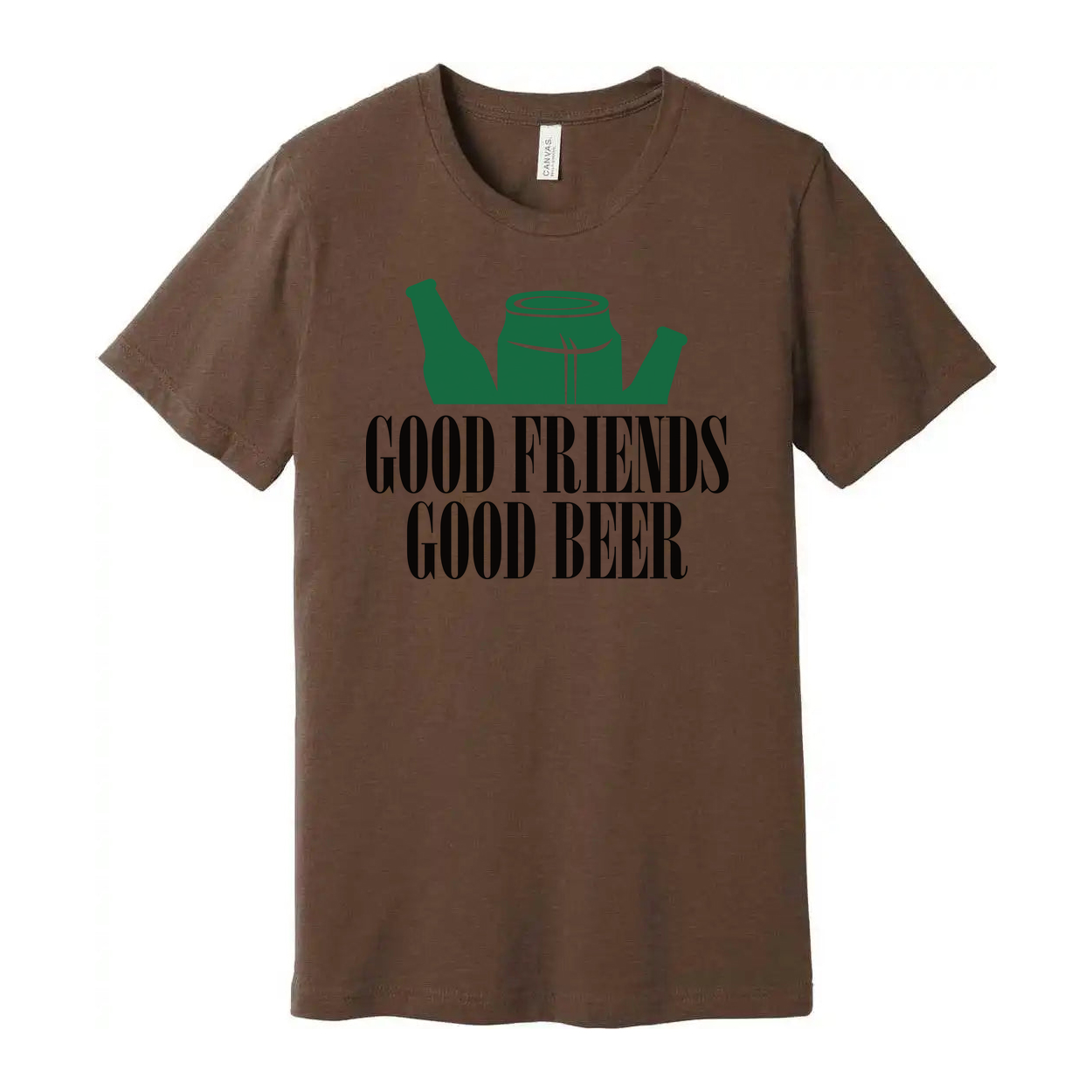 Unisex Graphic T Shirt With Beer Bottles And Can Design Featuring Good Friends Good Beer