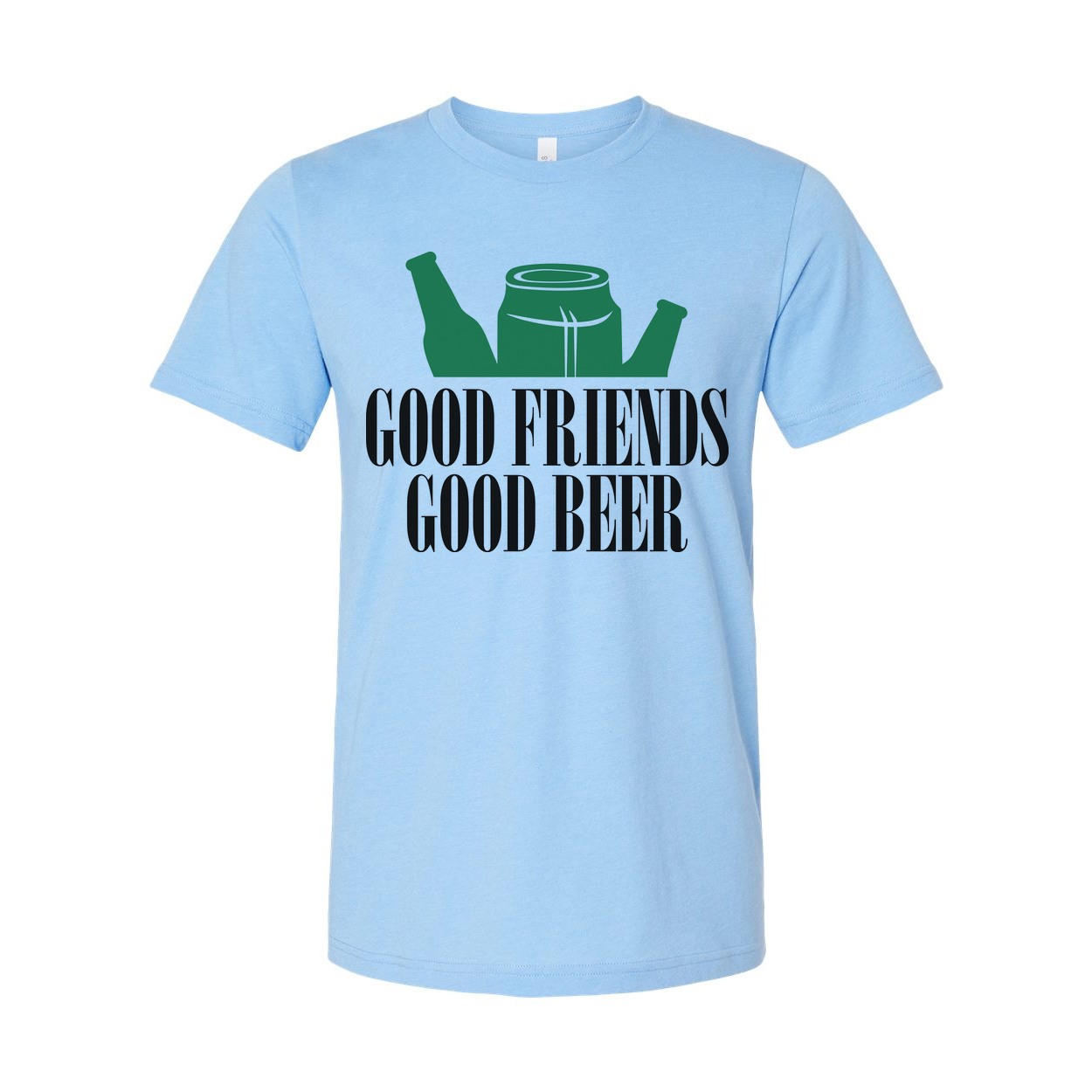 Unisex Graphic T Shirt With Beer Bottles And Can Design Featuring Good Friends Good Beer