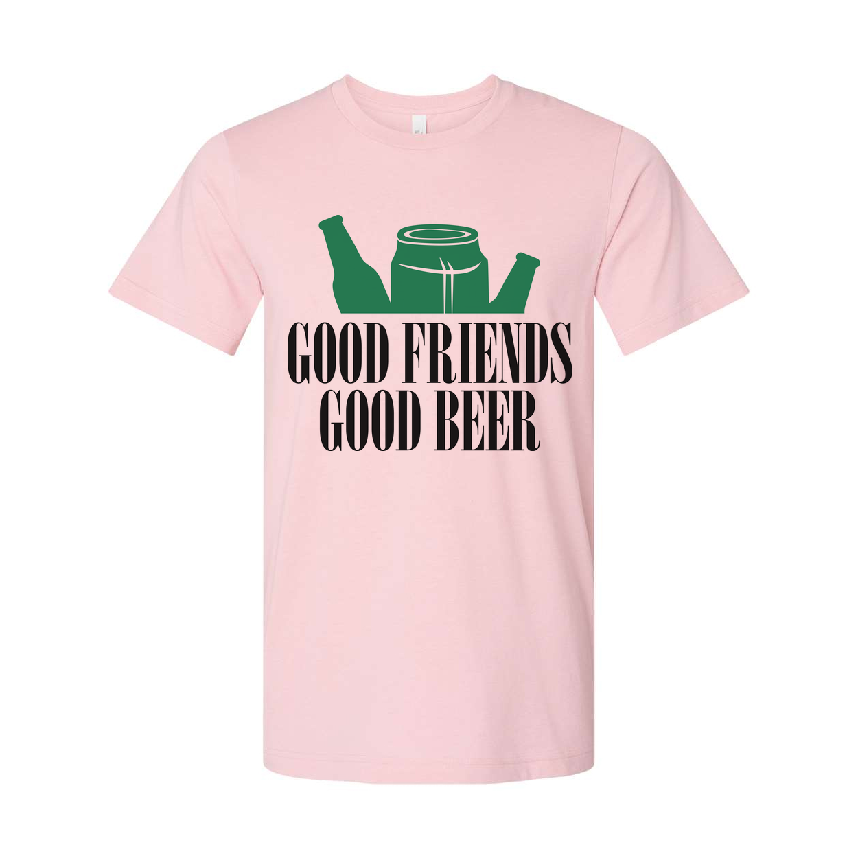 Unisex Graphic T Shirt With Beer Bottles And Can Design Featuring Good Friends Good Beer