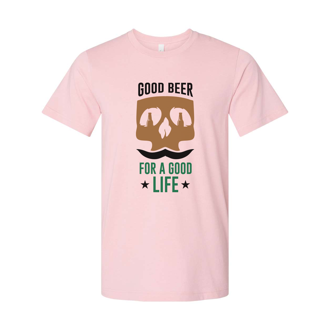 Unisex Beer Graphic T Shirt With Skull Bottle Eyes And Mustache And The Slogan Good Beer For A Good Life