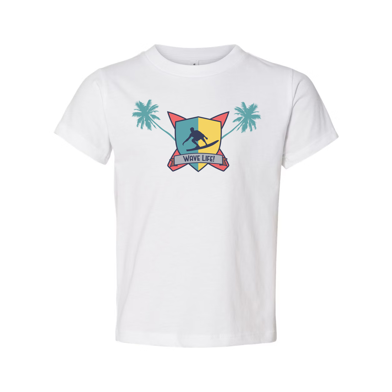 Unisex Surfing Crest Tee Featuring Wave Shield Emblem Palm Trees And Beachside Graphic Design