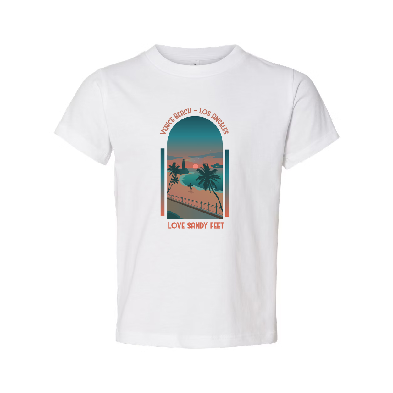 Surfing Unisex T Shirt With Venice Beach Sunset Scene Palm Trees And Love Sandy Feet