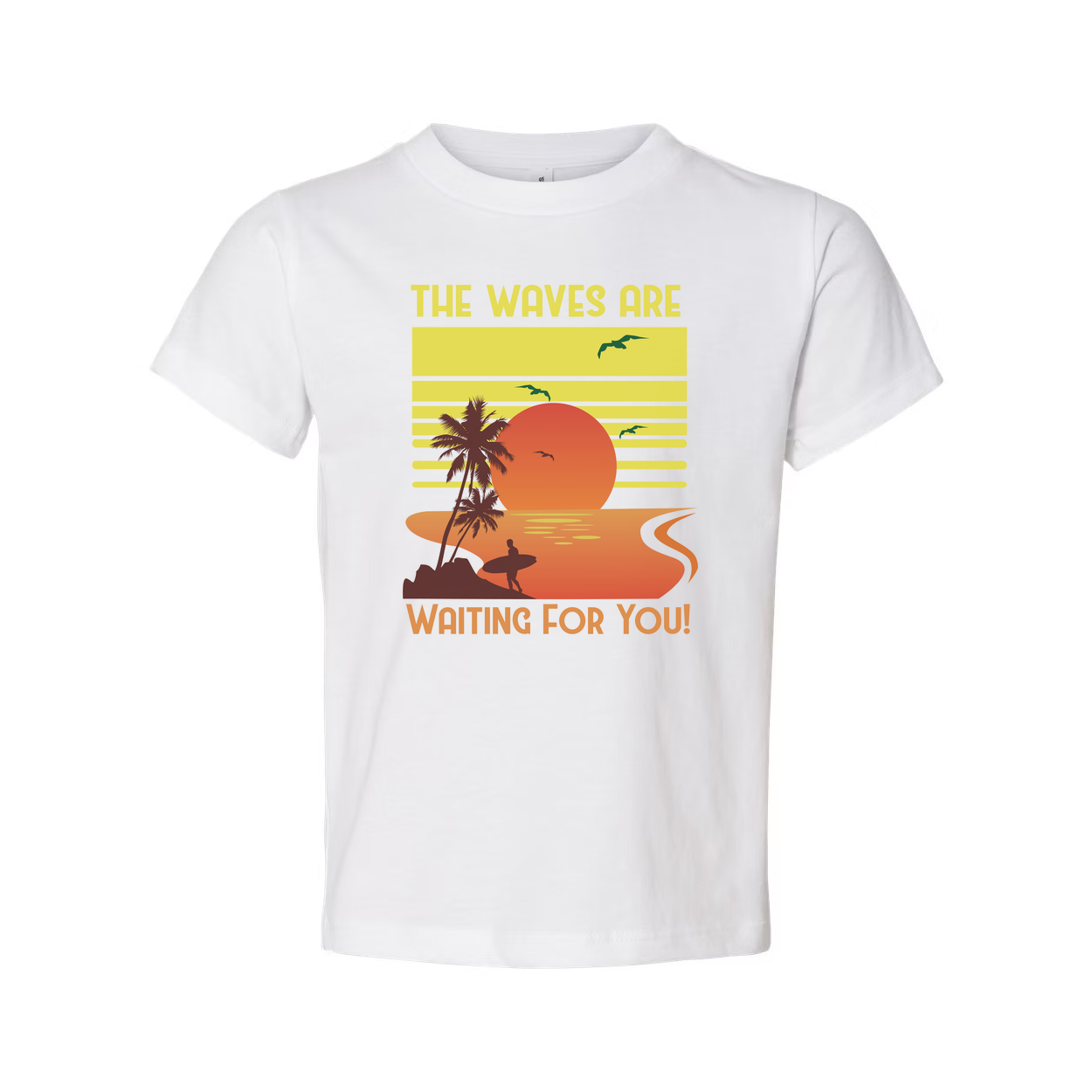 Unisex Surfing Sunset Graphic Tee Featuring Palm Trees Ocean Waves And A Radiant Orange Sun
