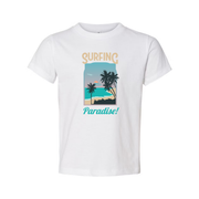 Surfing Paradise Graphic Tee For Men And Women Unisex With Palm Tree Beach Scene Coastal Sunset Ocean Surfer Gift Idea
