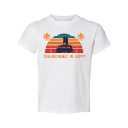 Surfing Makes Me Happy Unisex T Shirt With Retro Sunset Beach Scene And Surfboard Van