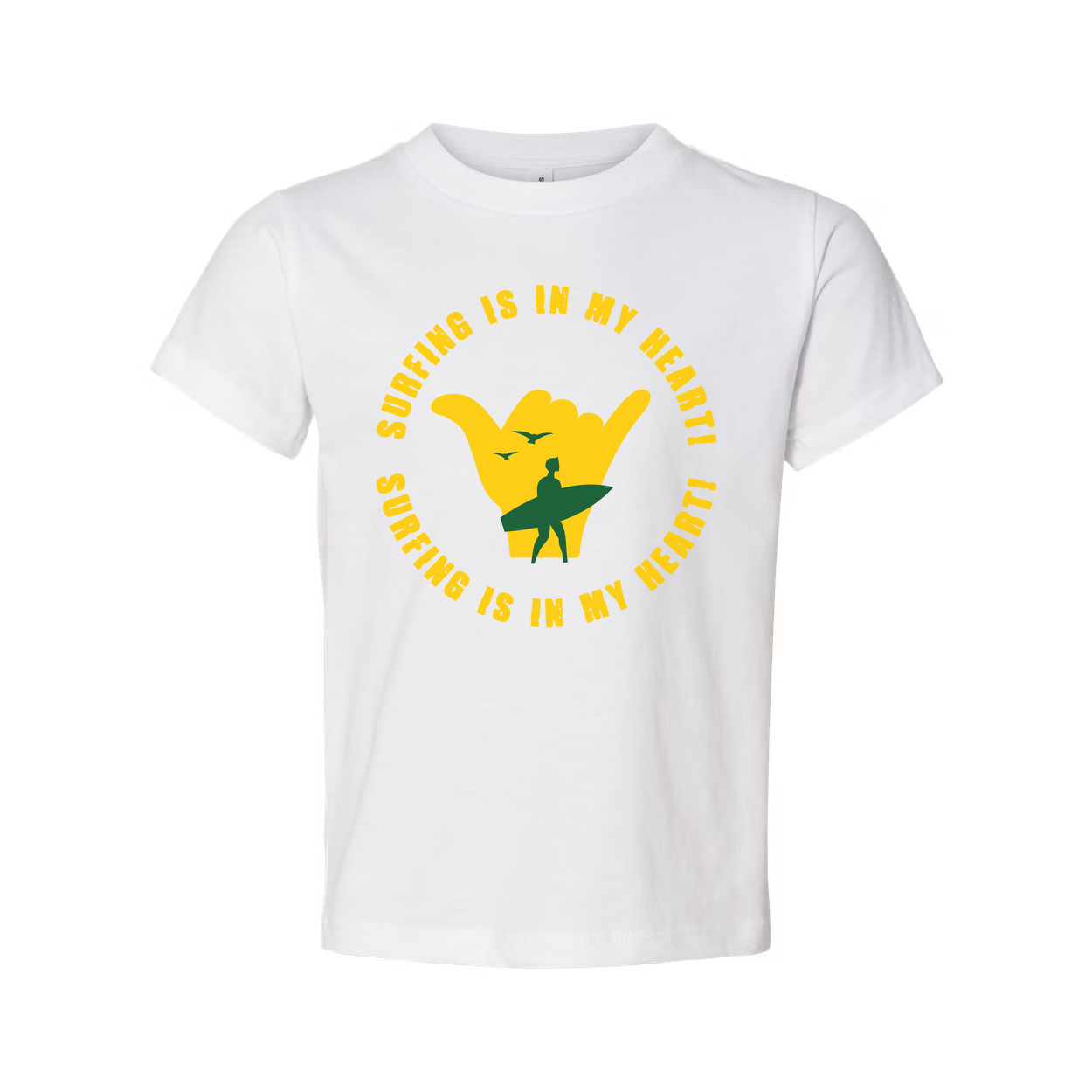 Surfing Is In My Heart Graphic Tee With Yellow Shaka Hand And Surfer Silhouette Design