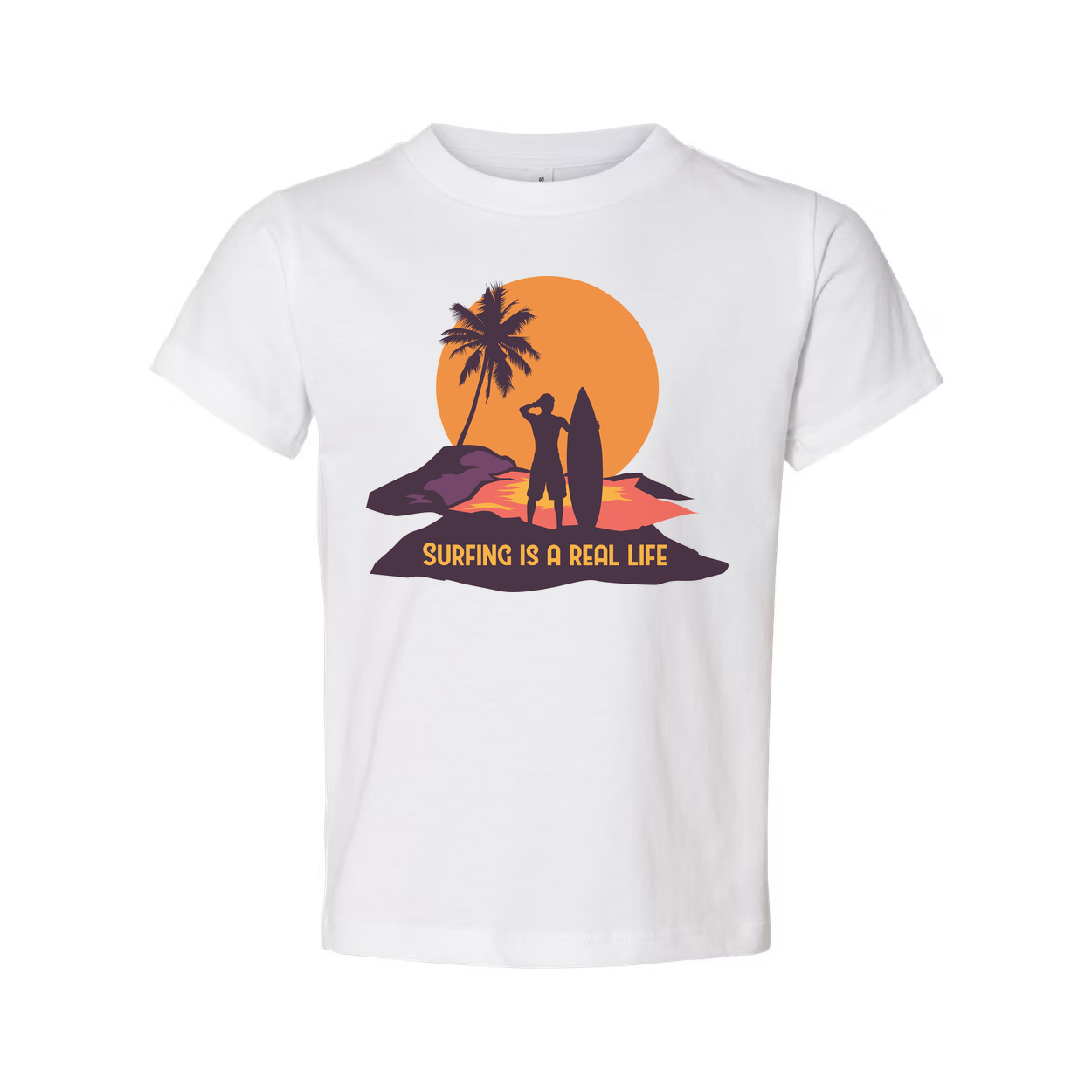 Unisex Surfing Graphic Tee With Silhouette Of Surfer And Palm Tree Against Sunset