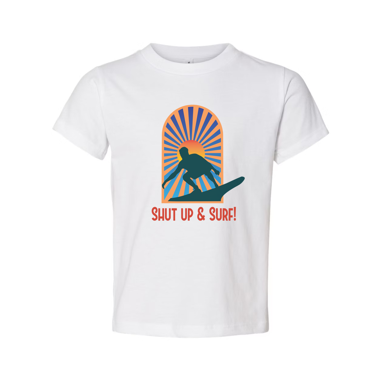 Unisex Surfing Graphic Tee With Sunburst Arch Silhouette Of Surfer And Retro Style Font