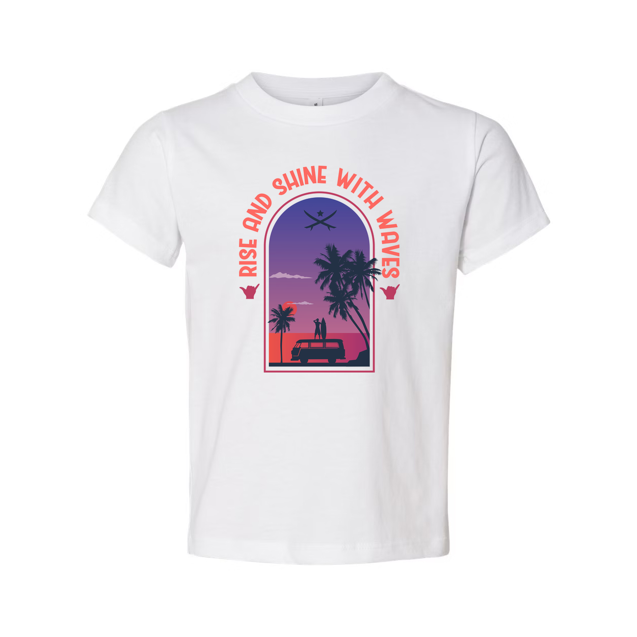 Unisex Surfing Themed T Shirt With Sunset Palm Trees And Van Scene Artwork For Beach Lovers