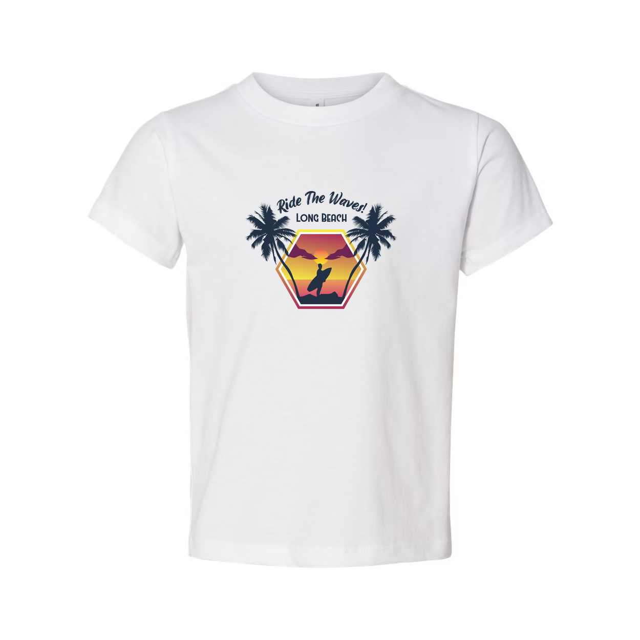 Surfing Sunset Hexagon Graphic Tee With Palm Trees And Rider Silhouette On Long Beach