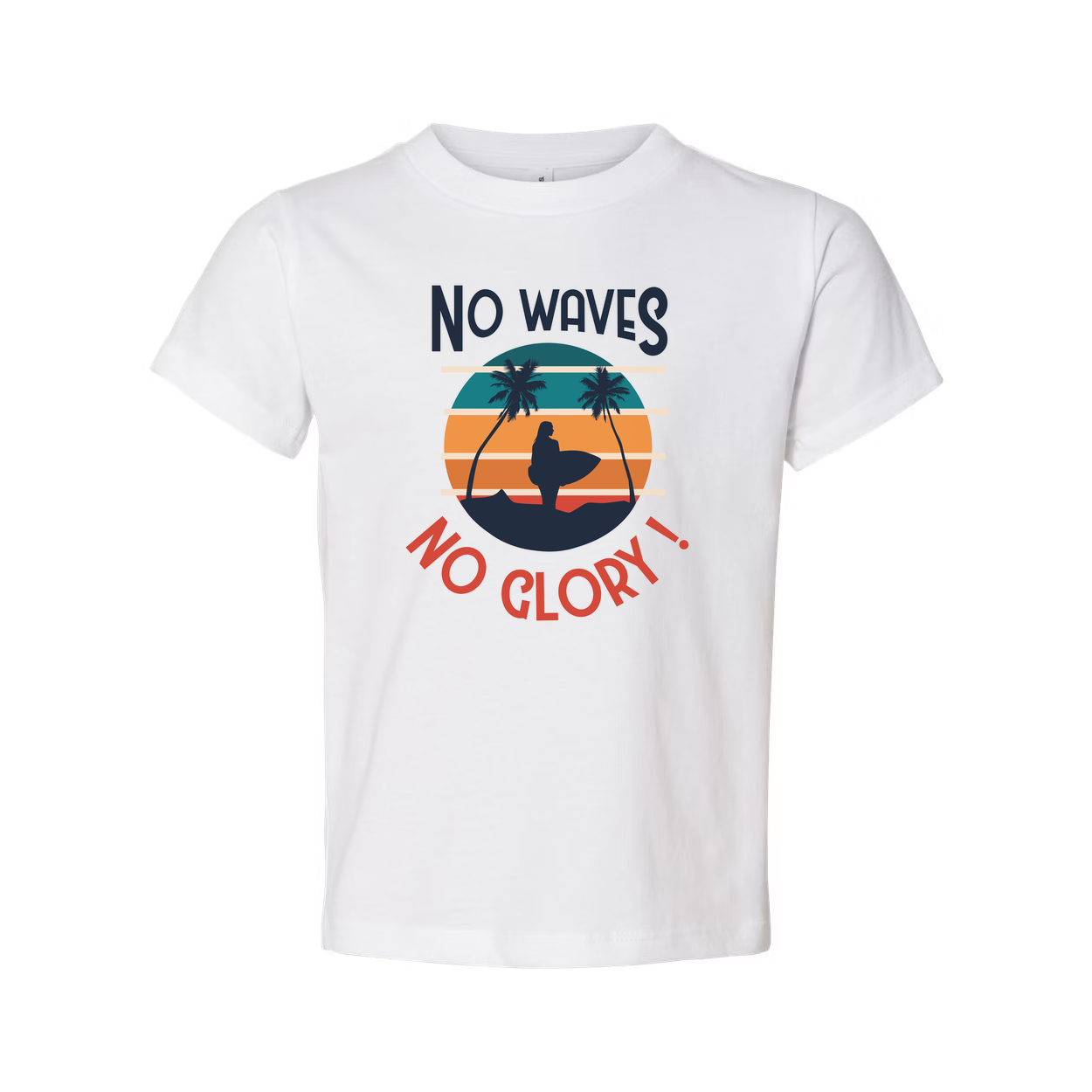 No Waves No Glory Surfing Graphic Unisex Tee For Men And Women With Sunset Palm Tree Design