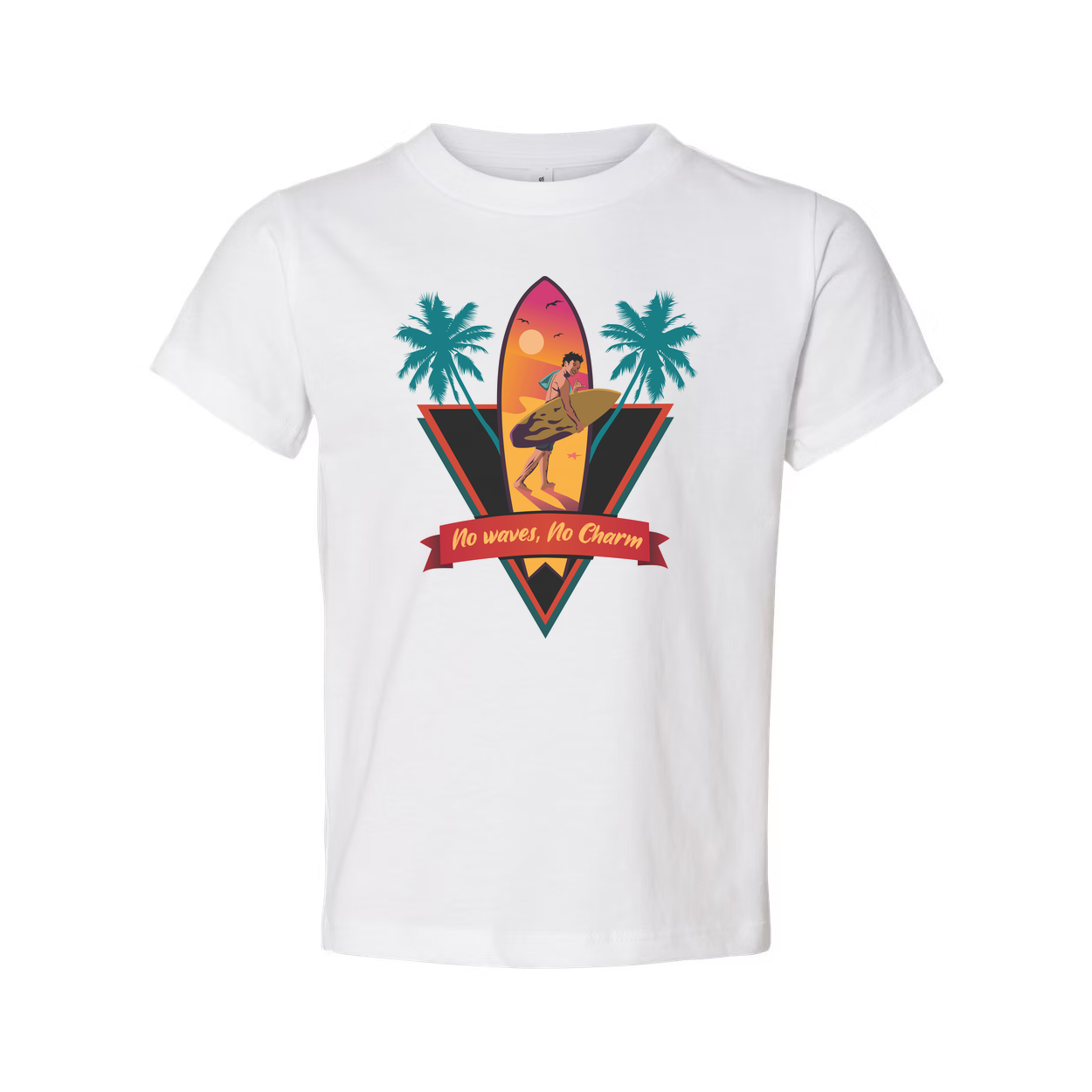 Unisex Surfing Graphic Tee With Sunset Surfer, Palm Trees And No Waves, No Charm Ribbon