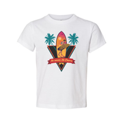 Unisex Surfing Graphic Tee With Sunset Surfer, Palm Trees And No Waves, No Charm Ribbon