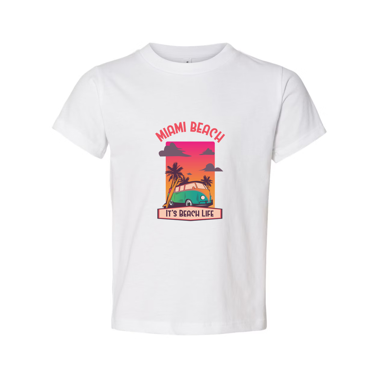 Miami Beach Retro Sunset Graphic T Shirt With Palm Trees And Classic Van Illustration