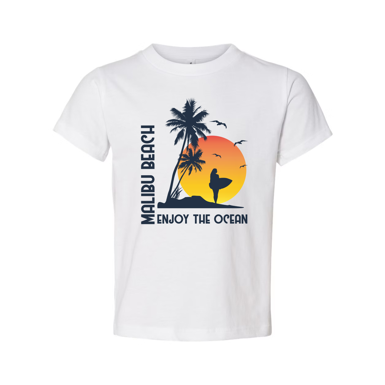 Malibu Beach Sunset Surfing Graphic Unisex T Shirt With Palm Trees And Surfer Silhouette