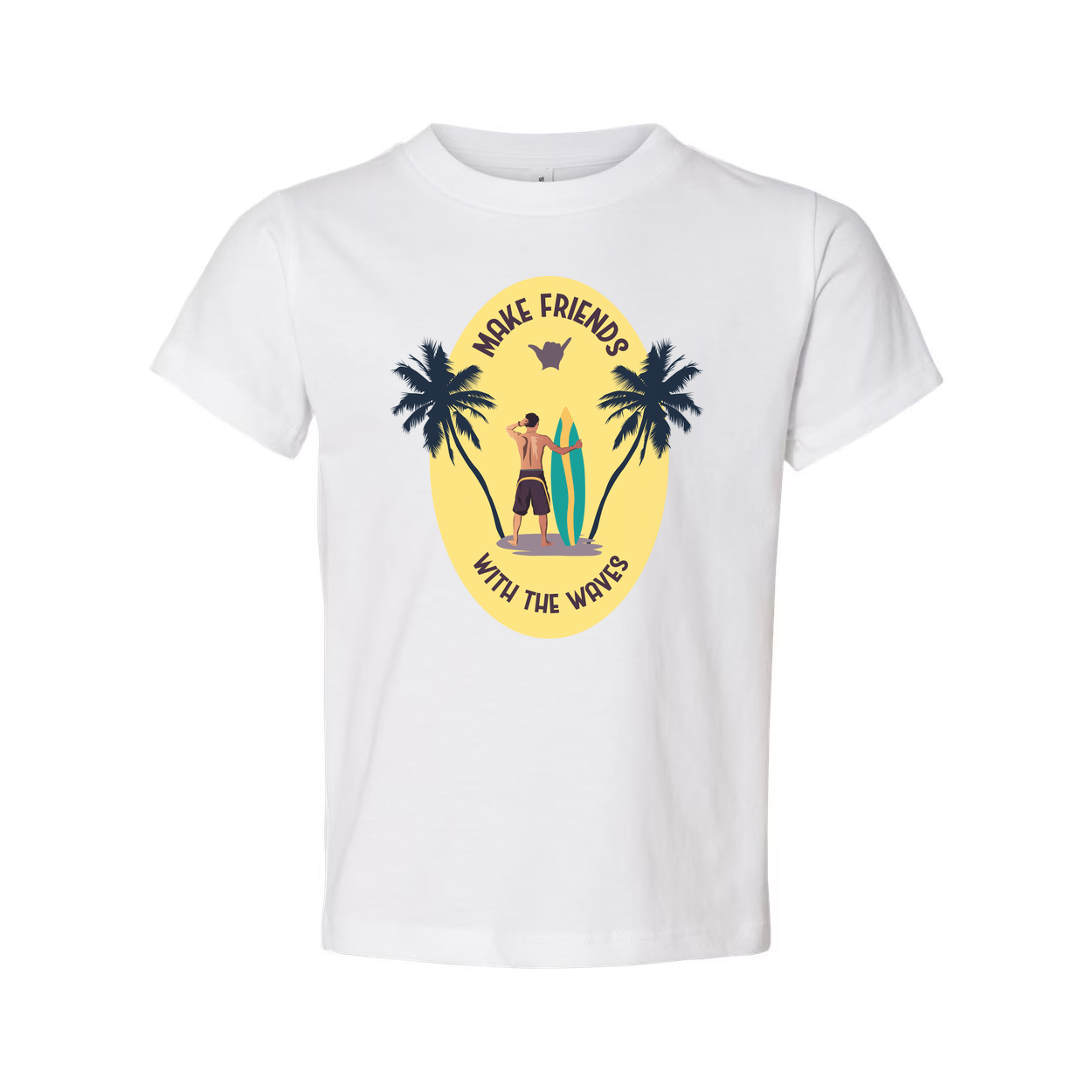 Unisex Surfing T Shirt With Sunset Palm Tree Graphic And Surfboard Make Friends With The Waves