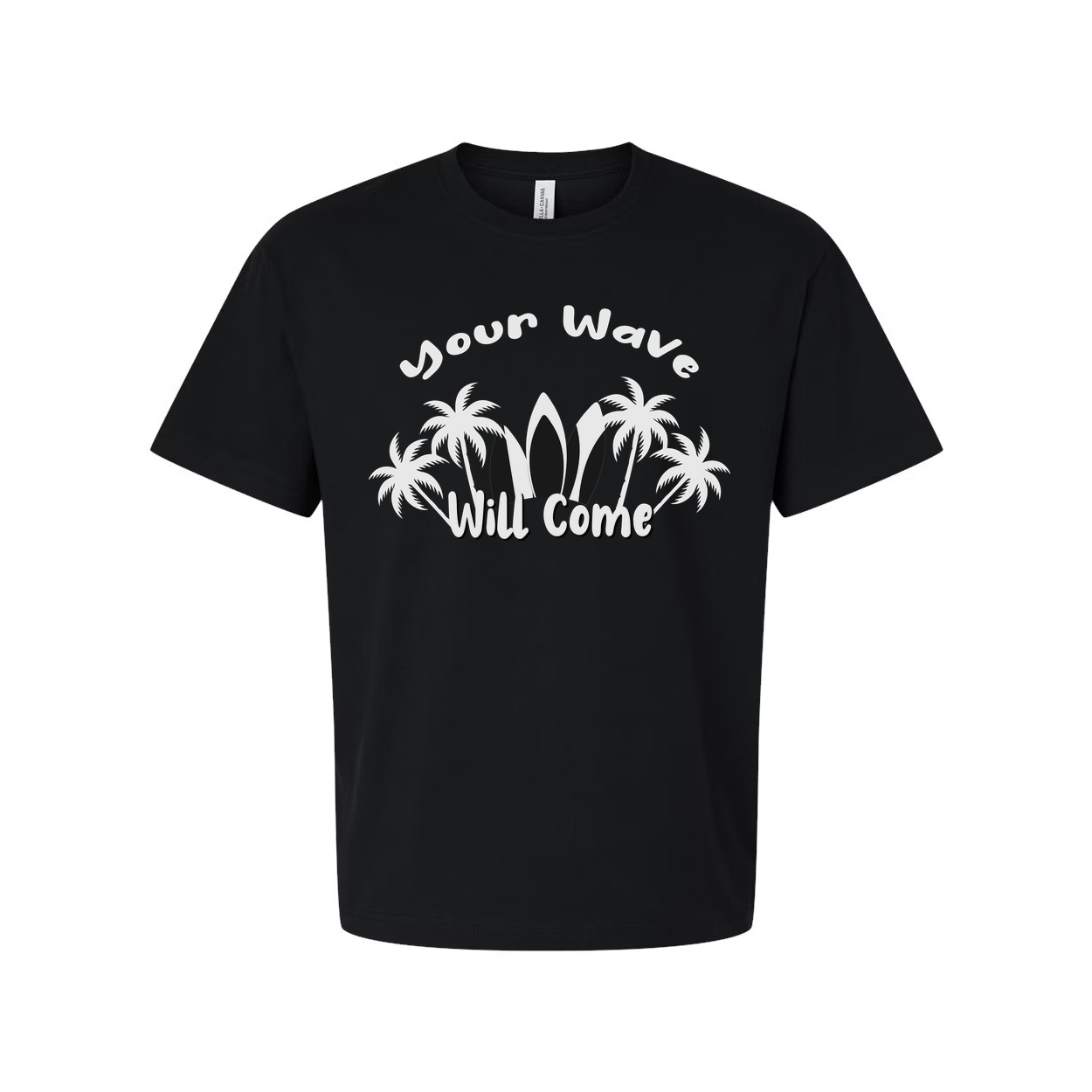 Your Wave Will Come Surf T Shirt With Palm Tree Graphic For Unisex Beachwear And Surf Fans
