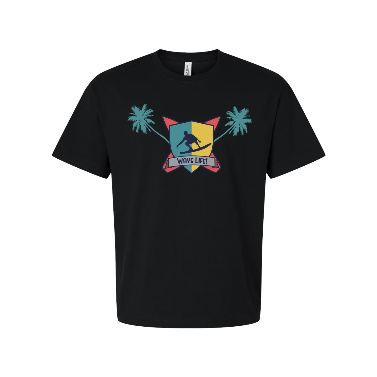 Unisex Surfing Crest Tee Featuring Wave Shield Emblem Palm Trees And Beachside Graphic Design