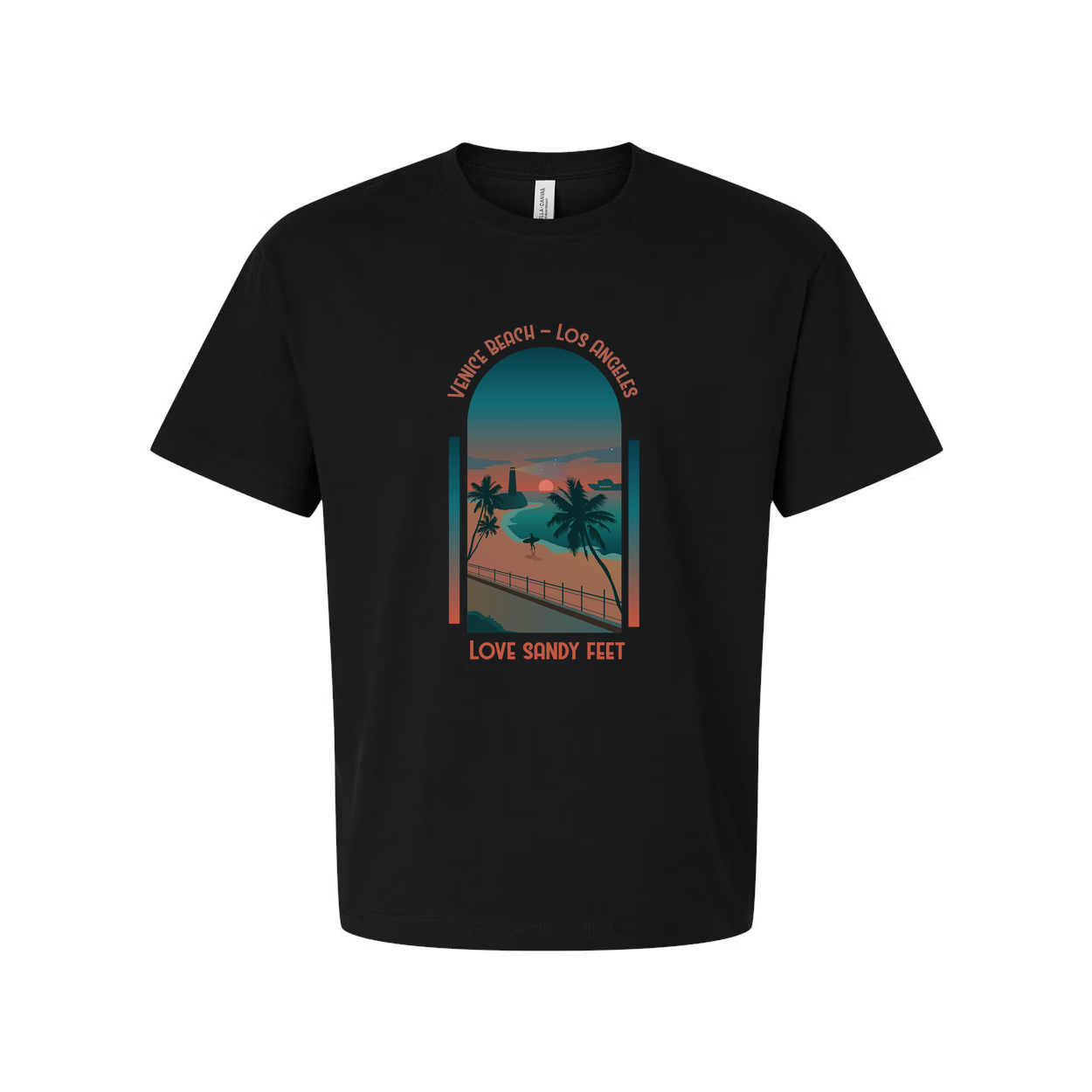 Surfing Unisex T Shirt With Venice Beach Sunset Scene Palm Trees And Love Sandy Feet