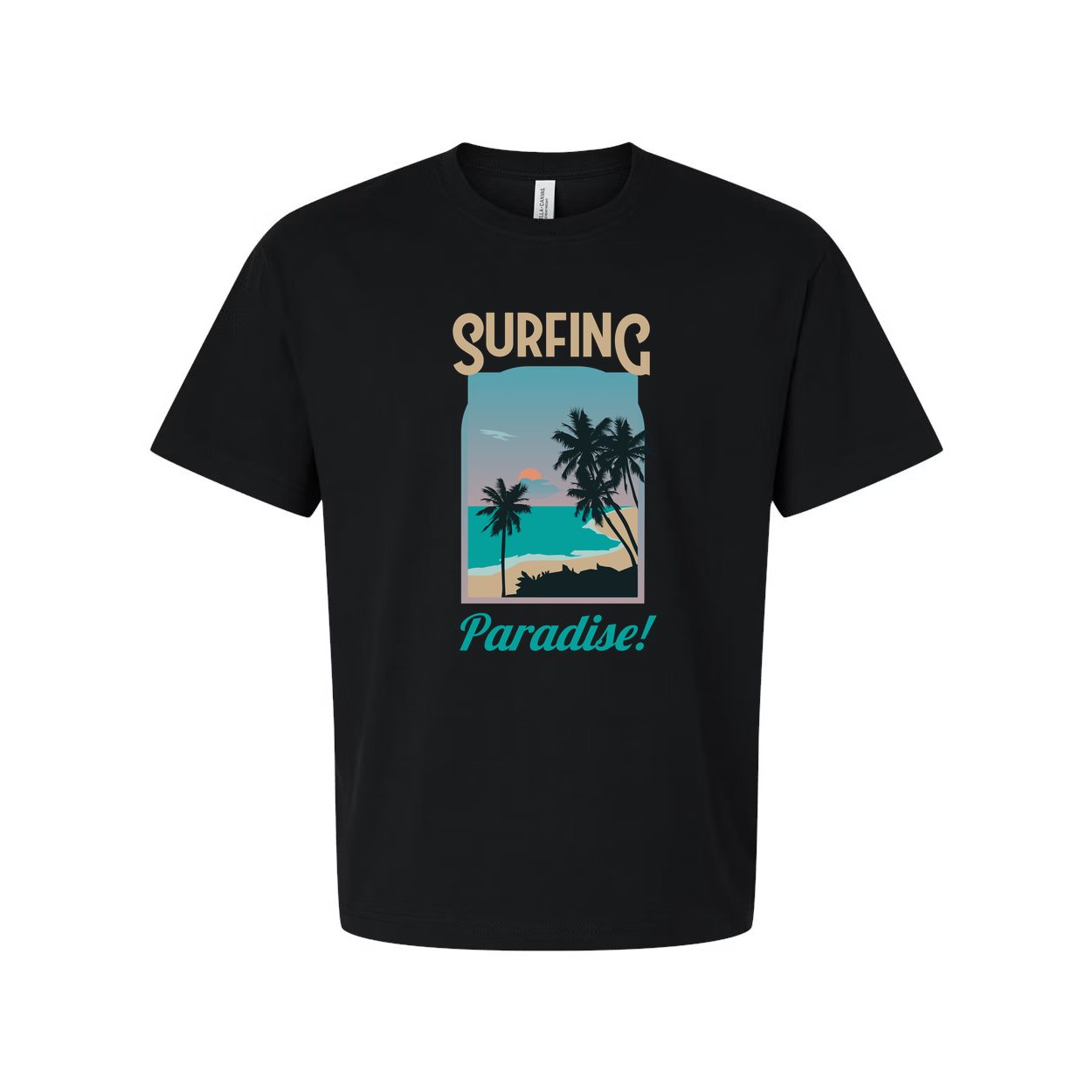 Surfing Paradise Graphic Tee For Men And Women Unisex With Palm Tree Beach Scene Coastal Sunset Ocean Surfer Gift Idea