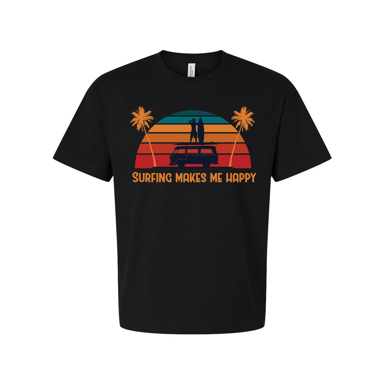 Surfing Makes Me Happy Unisex T Shirt With Retro Sunset Beach Scene And Surfboard Van