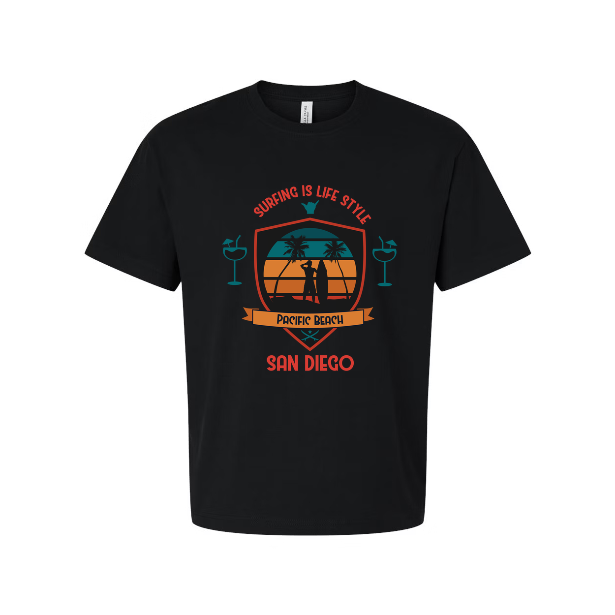 Unisex Surfing Tee With Pacific Beach San Diego Graphic Shield Design Retro Sunset Palette