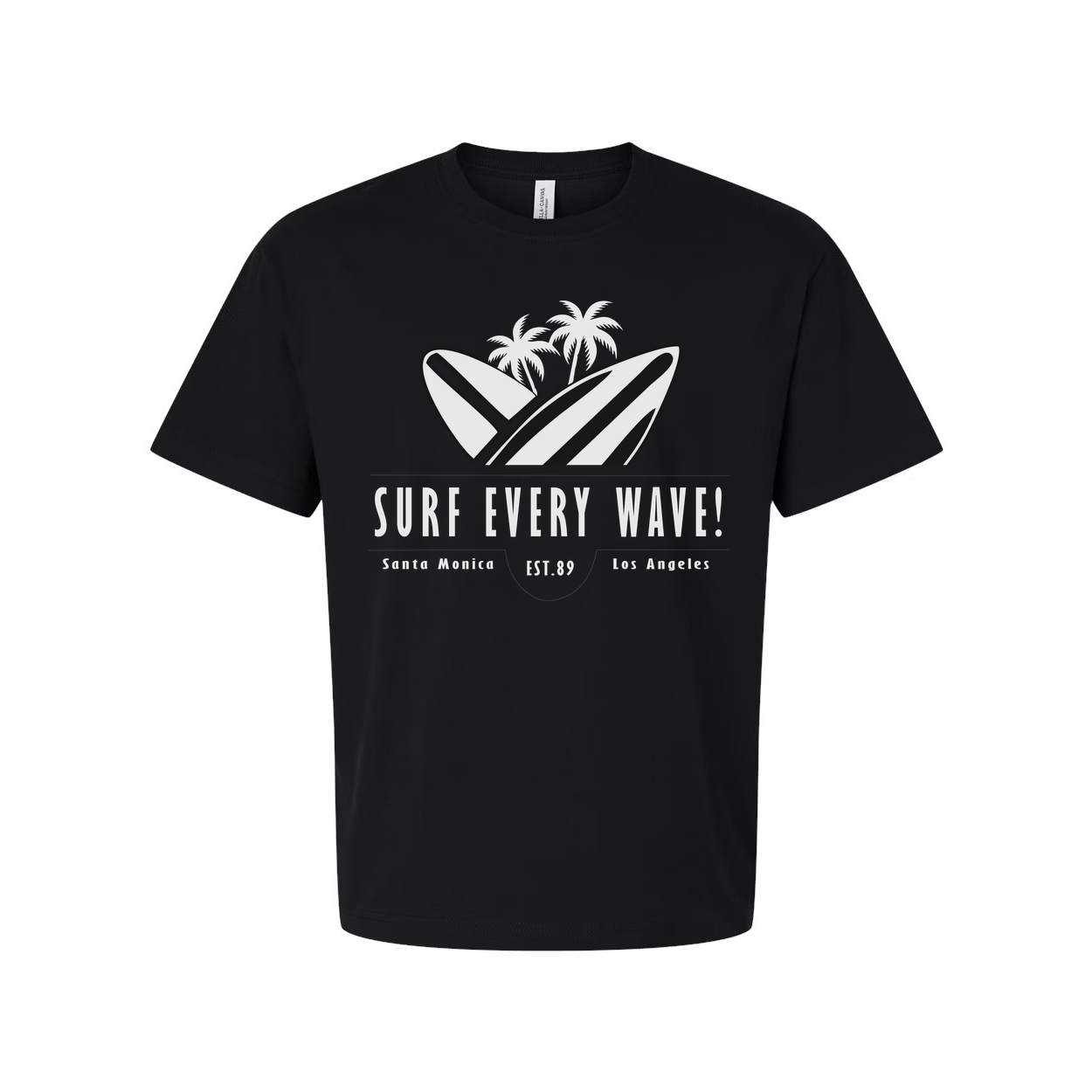 Surf Every Wave Graphic Tee With Surfboard And Palm Design