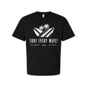 Surf Every Wave Graphic Tee With Surfboard And Palm Design