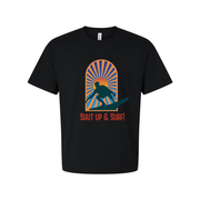 Unisex Surfing Graphic Tee With Sunburst Arch Silhouette Of Surfer And Retro Style Font