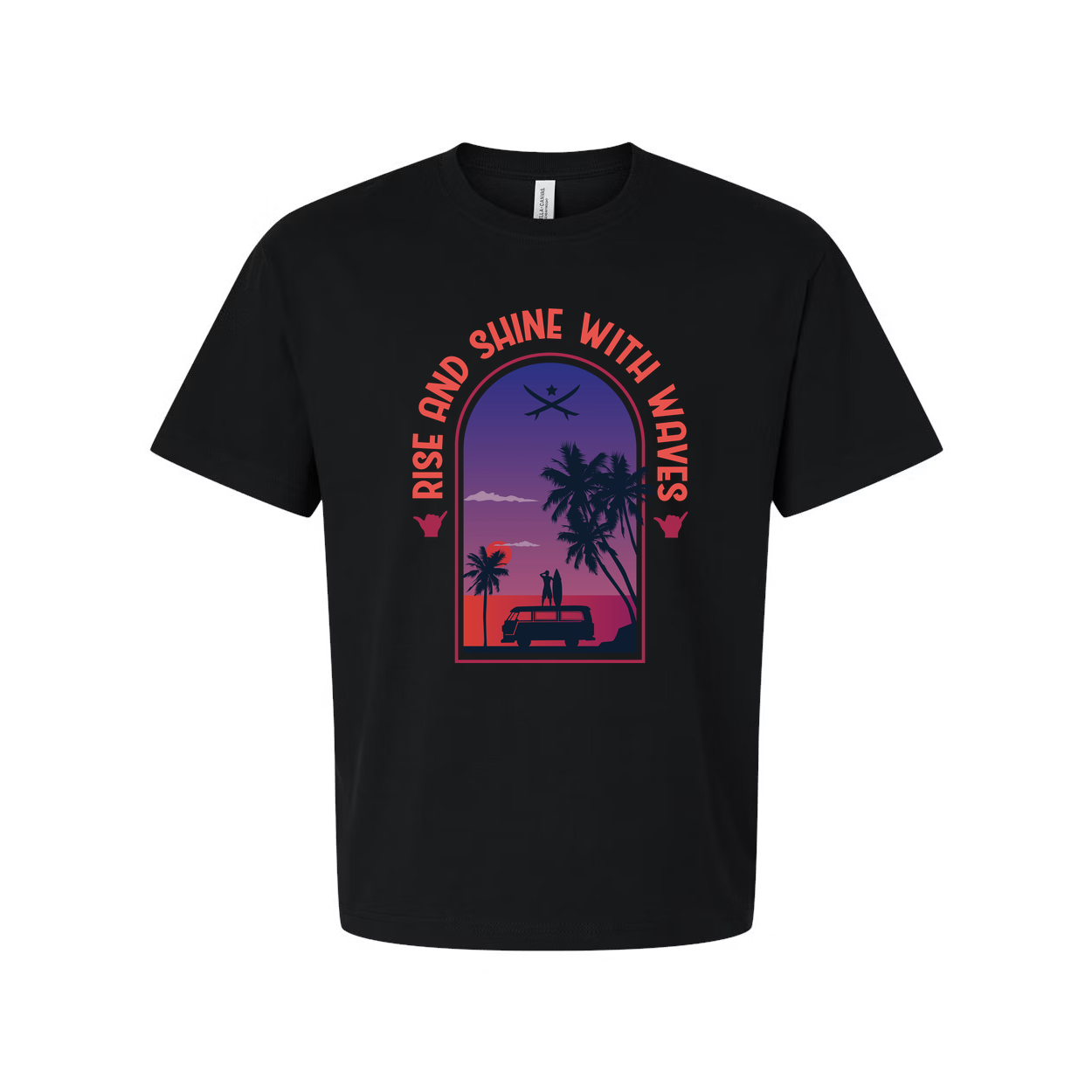 Unisex Surfing Themed T Shirt With Sunset Palm Trees And Van Scene Artwork For Beach Lovers