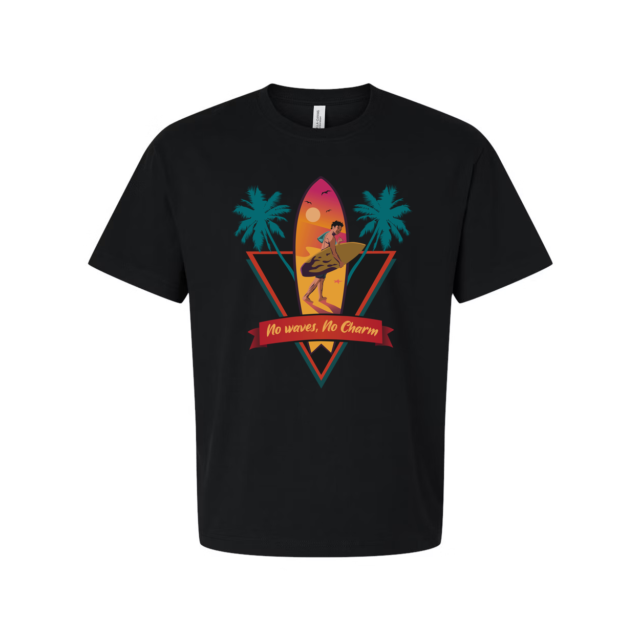Unisex Surfing Graphic Tee With Sunset Surfer, Palm Trees And No Waves, No Charm Ribbon