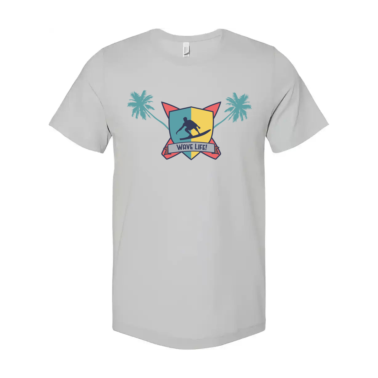Unisex Surfing Crest Tee Featuring Wave Shield Emblem Palm Trees And Beachside Graphic Design