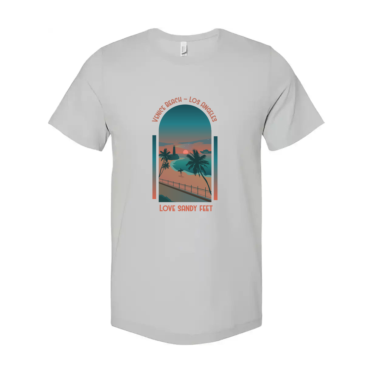 Surfing Unisex T Shirt With Venice Beach Sunset Scene Palm Trees And Love Sandy Feet