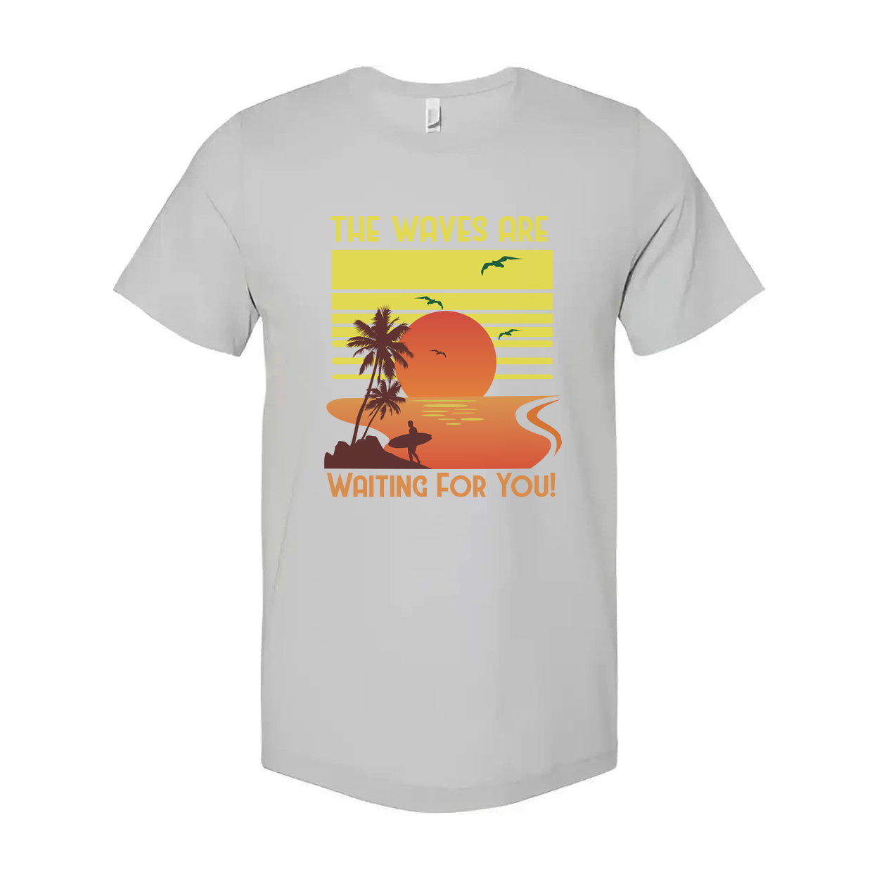 Unisex Surfing Sunset Graphic Tee Featuring Palm Trees Ocean Waves And A Radiant Orange Sun