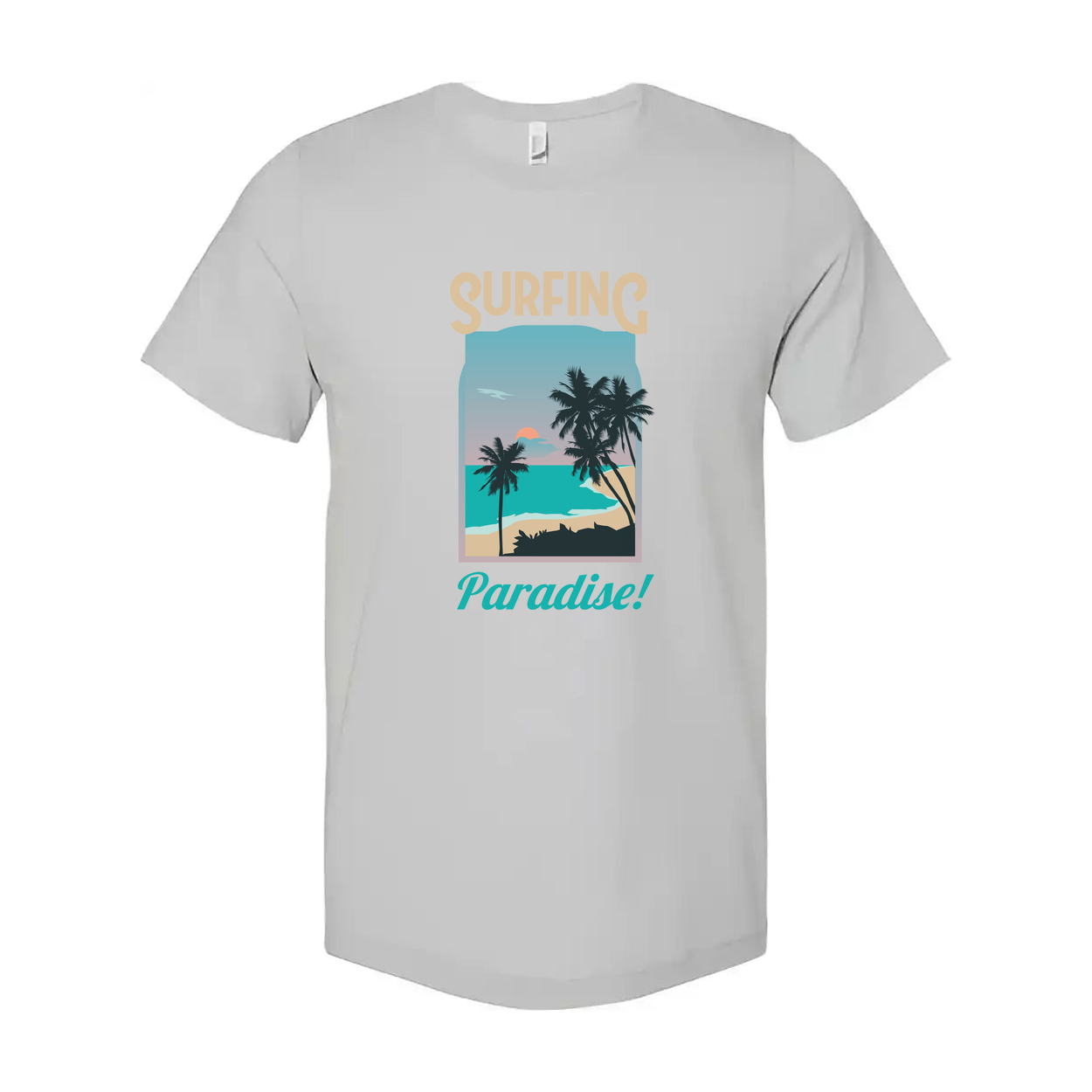 Surfing Paradise Graphic Tee For Men And Women Unisex With Palm Tree Beach Scene Coastal Sunset Ocean Surfer Gift Idea