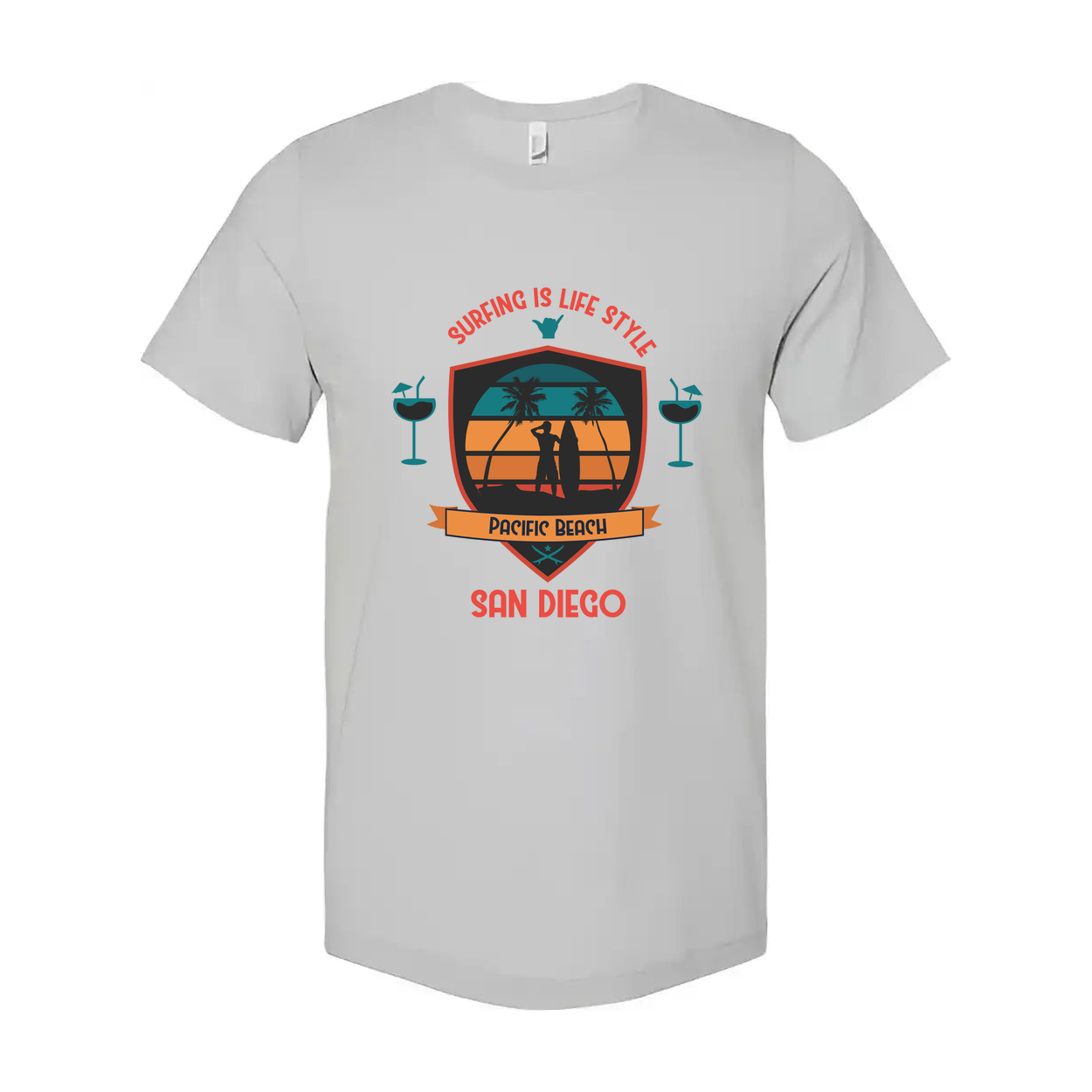 Unisex Surfing Tee With Pacific Beach San Diego Graphic Shield Design Retro Sunset Palette