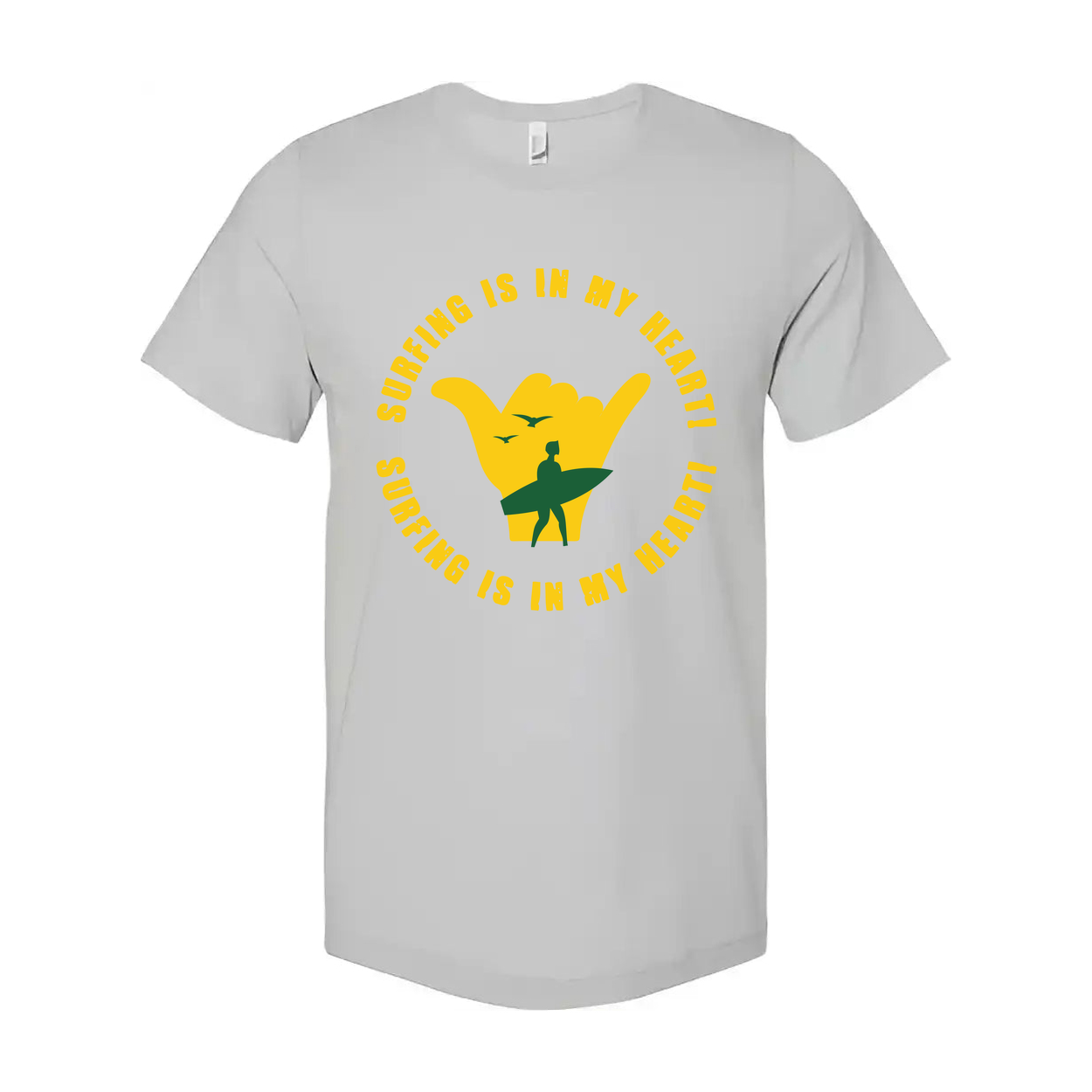 Surfing Is In My Heart Graphic Tee With Yellow Shaka Hand And Surfer Silhouette Design