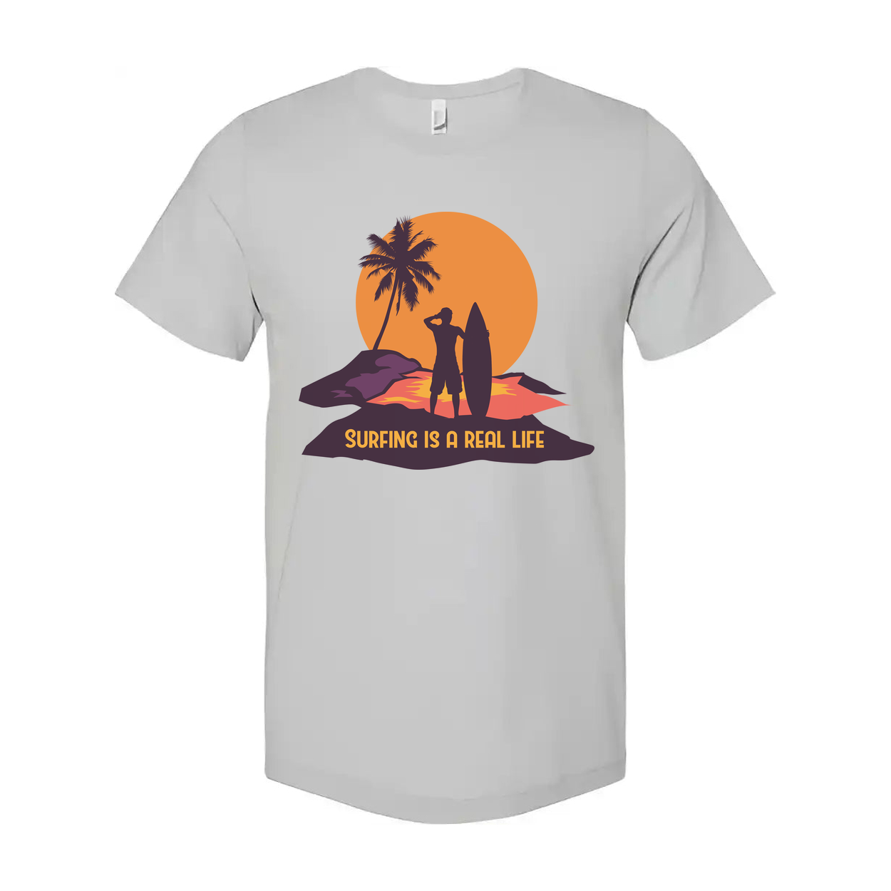 Unisex Surfing Graphic Tee With Silhouette Of Surfer And Palm Tree Against Sunset