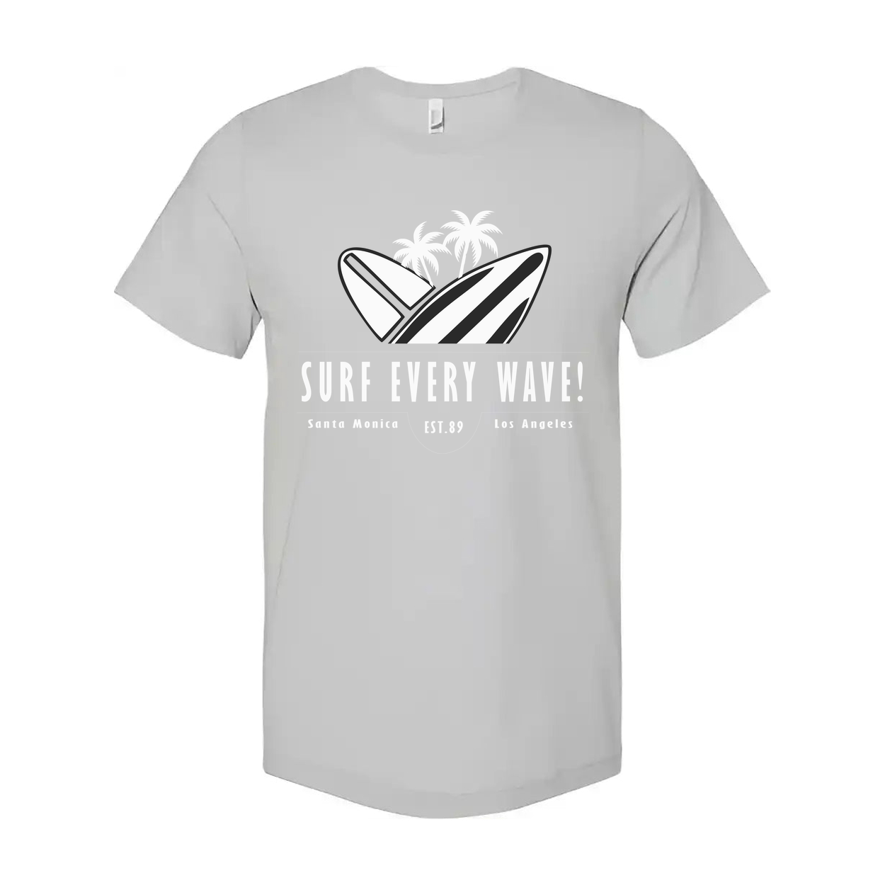 Surf Every Wave Graphic Tee With Surfboard And Palm Design