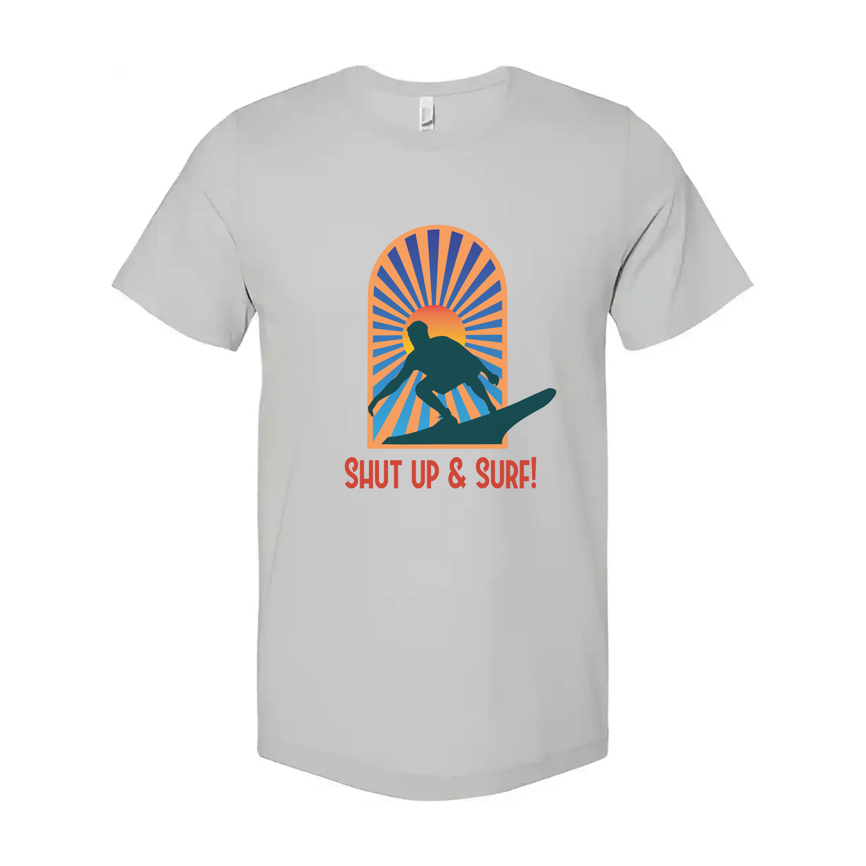 Unisex Surfing Graphic Tee With Sunburst Arch Silhouette Of Surfer And Retro Style Font