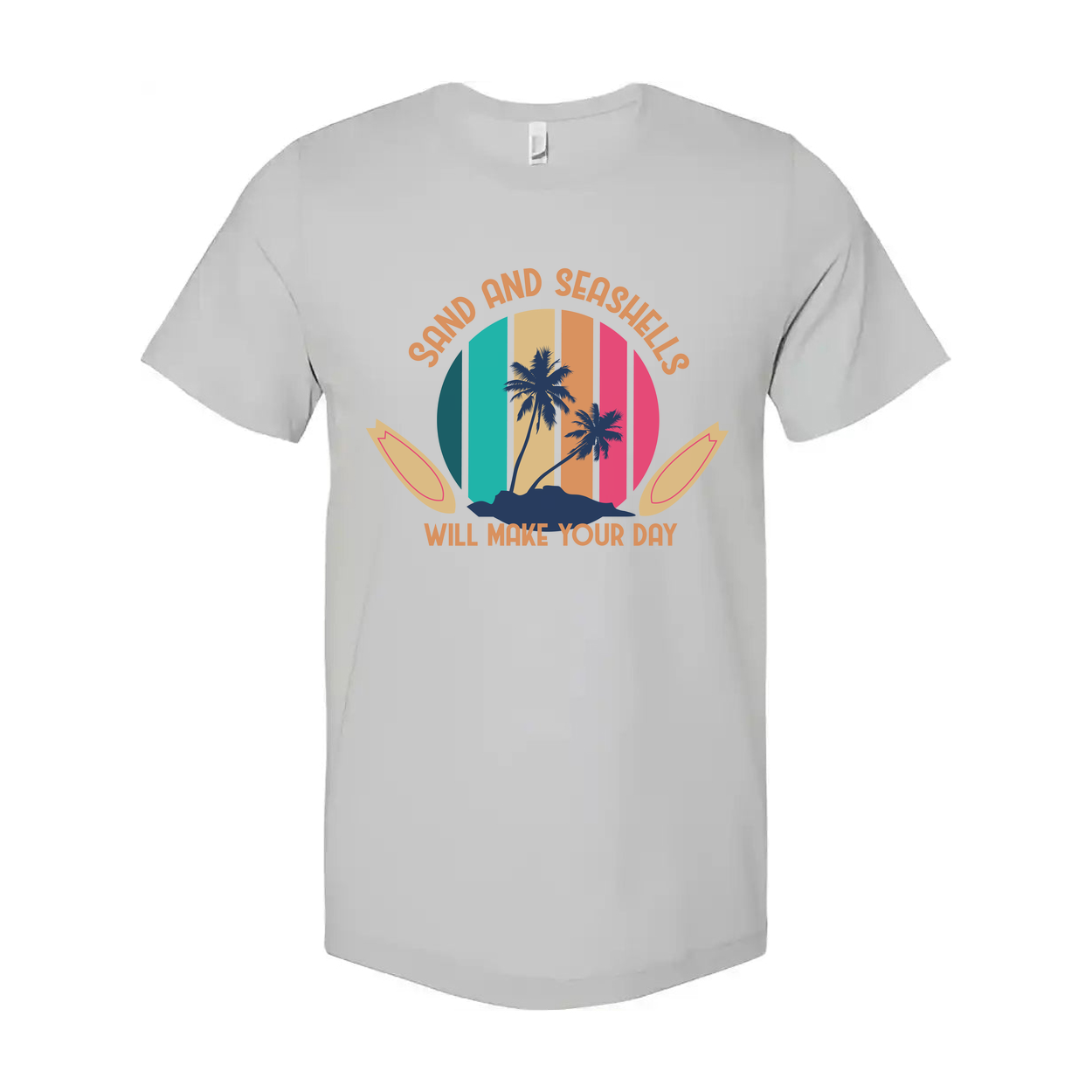 Sand And Seashells Will Make Your Day Palm Trees Beach Graphic Tee For Summer Casual