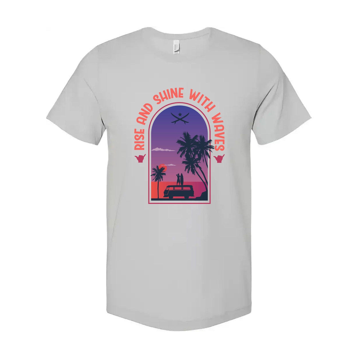 Unisex Surfing Themed T Shirt With Sunset Palm Trees And Van Scene Artwork For Beach Lovers